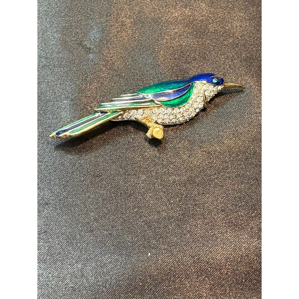 Carol Lee Bird Brooch 3 Inch Rhinestone Enamel Gold Tone Vintage
